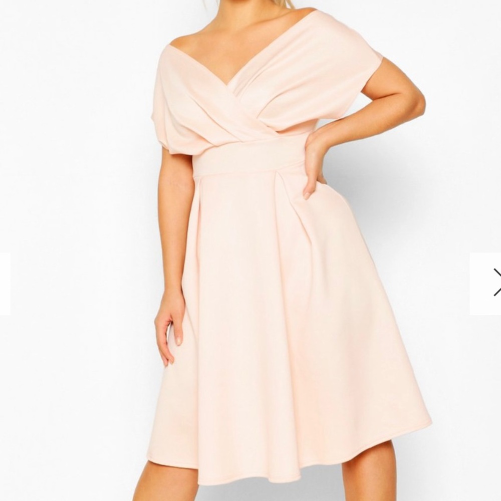 Boohoo light blush pink off-shoulder midi dress